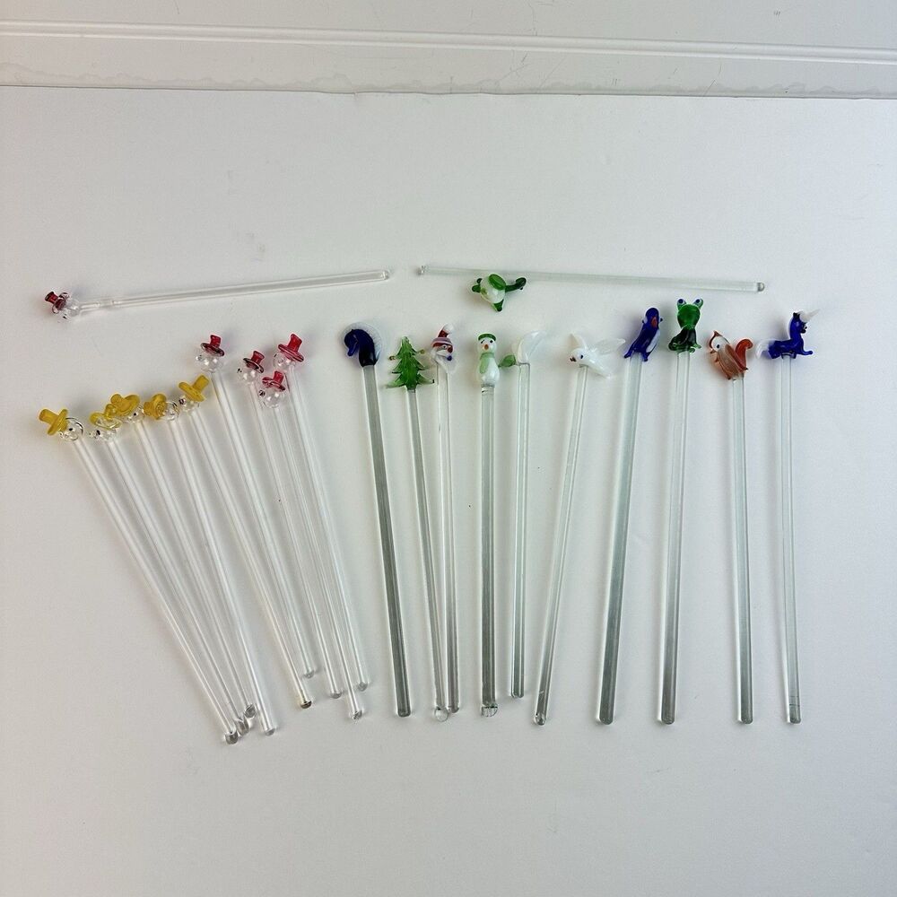 Glass Swizzle Sticks Vintage Hand Blown Animals Christmas Top Hats Lot of 19
